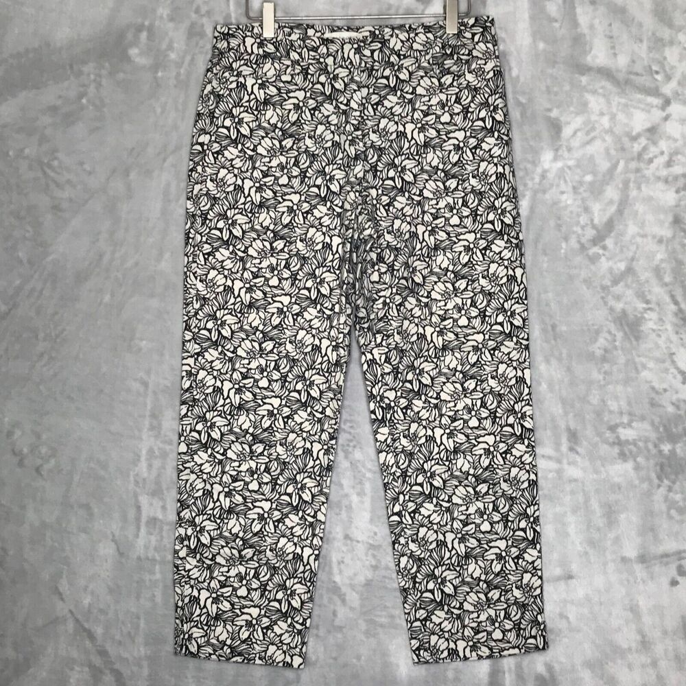 Talbots Curvy Crop Pant Womens 6 Cream Black Floral Linen Cotton Blend Pockets